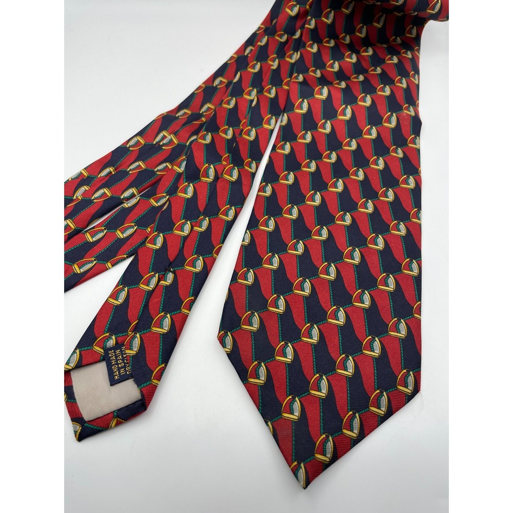 Richel Mens Silk Tie Red Navy Blue Equestrian Stirrup Pattern Hand Made Spain